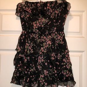 Black and floral flowy strapless dress.